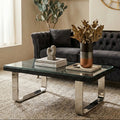 Black Wood and Clear Glass Top Coffee Table with Silver U-Shaped Metal Legs, Kerala