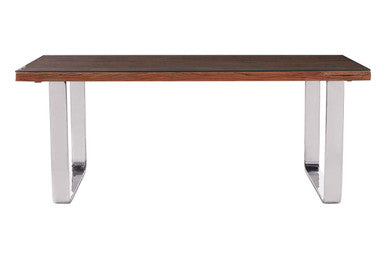 Natural Wood and Clear Glass Top Dining Table with Silver U-Shaped Metal Legs, Kerala