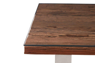 Natural Wood and Clear Glass Top Dining Table with Silver U-Shaped Metal Legs, Kerala