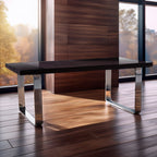 Large Black Pinewood and Clear Glass Top Dining Table with Silver U-Shaped Metal Legs, Kerala