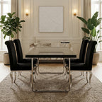 Large Black Pinewood and Clear Glass Top Dining Table with Silver U-Shaped Metal Legs, Kerala