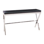 Black Wood and Clear Glass Top Console Table with Silver Crossed Legs | Kerala
