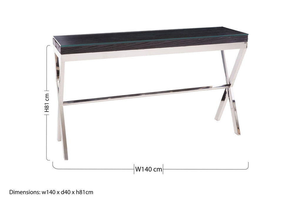 Black Wood and Clear Glass Top Console Table with Silver Crossed Legs | Kerala