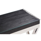 Black Wood and Clear Glass Top Console Table with Silver Crossed Legs | Kerala