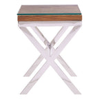 Natural Sal Wood and Clear Glass Top Side Table with White Crossed Legs | Kerala