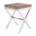 Natural Sal Wood and Clear Glass Top Side Table with White Crossed Legs | Kerala