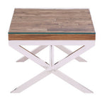 Square Natural Wood and Clear Glass Top End Table with Silver Cross Base | Kerala
