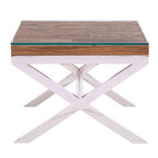 Square Natural Wood and Clear Glass Top End Table with Silver Cross Base | Kerala