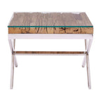 Square Natural Wood and Clear Glass Top End Table with Silver Cross Base | Kerala