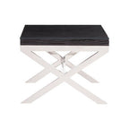 Square Black Wood and Clear Glass Top End Table with Silver Cross Base | Kerala