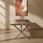 Square Natural Wood and Clear Glass Top Dining Table with Grey Cross Base | Kerala