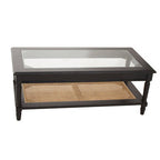 Black Finish Clear Glass Top Coffee Table with Natural Rattan Woven Shelf | Corso