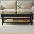 Black Finish Clear Glass Top Coffee Table with Natural Rattan Woven Shelf | Corso