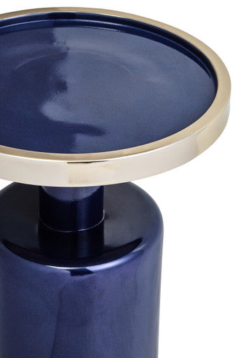 Gold and Navy Art Deco Pillar Metal Side Table with Base | Elva