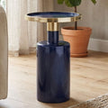 Gold and Navy Art Deco Pillar Metal Side Table with Base | Elva