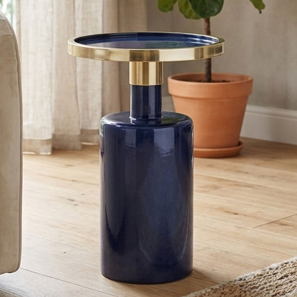 Gold and Navy Art Deco Pillar Metal Side Table with Base | Elva