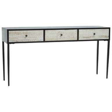 Black and Grey Textured Pine Wood Console Table with 3 White Storage Drawers | Luxor