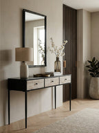 Black and Grey Textured Pine Wood Console Table with 3 White Storage Drawers | Luxor