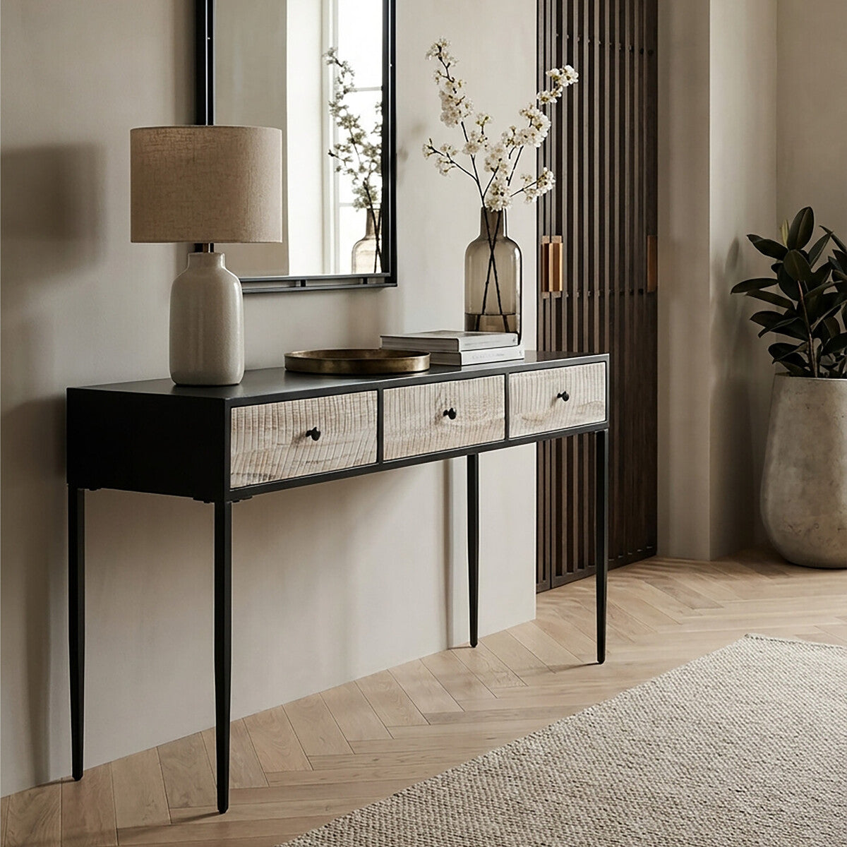 Black and Grey Textured Pine Wood Console Table with 3 White Storage Drawers | Luxor
