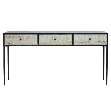 Black and Grey Textured Pine Wood Console Table with 3 White Storage Drawers | Luxor