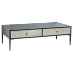 Black Recycled Pine Wood Coffee Table with Textured Two Storage Drawers Front and Black Metal Legs, Luxor