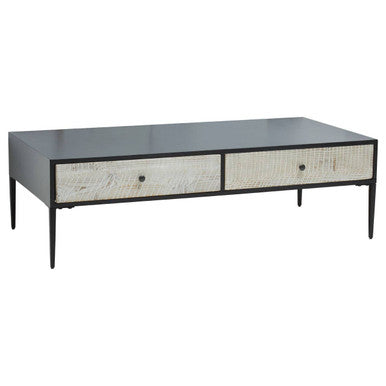 Black Recycled Pine Wood Coffee Table with Textured Two Storage Drawers Front and Black Metal Legs, Luxor