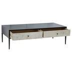 Black Recycled Pine Wood Coffee Table with Textured Two Storage Drawers Front and Black Metal Legs, Luxor