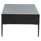 Black Recycled Pine Wood Coffee Table with Textured Two Storage Drawers Front and Black Metal Legs, Luxor