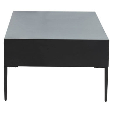 Black Recycled Pine Wood Coffee Table with Textured Two Storage Drawers Front and Black Metal Legs, Luxor