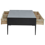 Black Recycled Pine Wood Coffee Table with Textured Two Storage Drawers Front and Black Metal Legs, Luxor