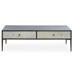 Black Recycled Pine Wood Coffee Table with Textured Two Storage Drawers Front and Black Metal Legs, Luxor