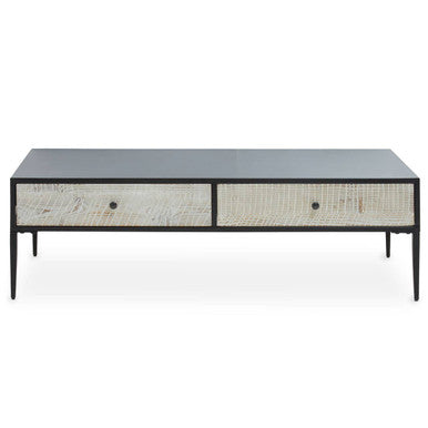 Black Recycled Pine Wood Coffee Table with Textured Two Storage Drawers Front and Black Metal Legs, Luxor