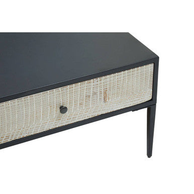 Black Recycled Pine Wood Coffee Table with Textured Two Storage Drawers Front and Black Metal Legs, Luxor