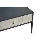 Black Recycled Pine Wood Coffee Table with Textured Two Storage Drawers Front and Black Metal Legs, Luxor