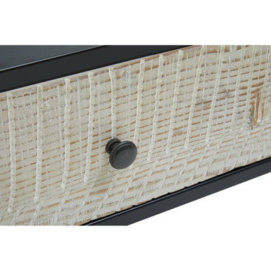 Black Recycled Pine Wood Coffee Table with Textured Two Storage Drawers Front and Black Metal Legs, Luxor
