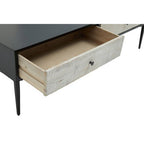 Black Recycled Pine Wood Coffee Table with Textured Two Storage Drawers Front and Black Metal Legs, Luxor