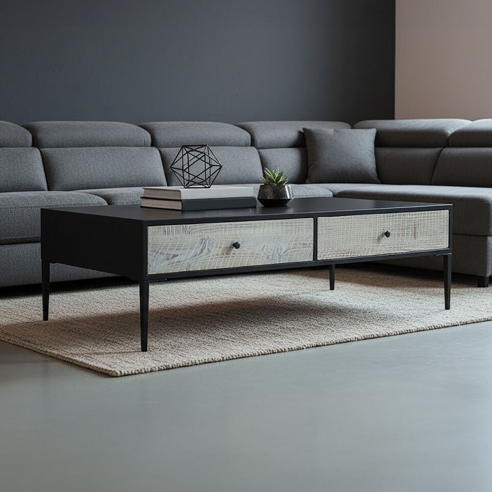 Black Recycled Pine Wood Coffee Table with Textured Two Storage Drawers Front and Black Metal Legs, Luxor