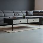 Black Recycled Pine Wood Coffee Table with Textured Two Storage Drawers Front and Black Metal Legs, Luxor