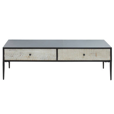 Black Recycled Pine Wood Coffee Table with Textured Two Storage Drawers Front and Black Metal Legs, Luxor