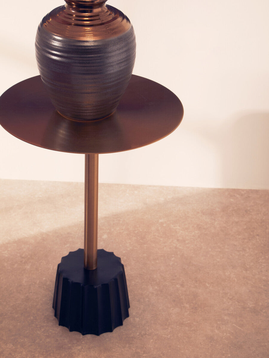 Round Gold Iron Side Table with Black Fluted Base | Corra