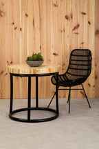 Teak Wood Mosaic Round Top Coffee Table with Black Iron Frame | Malang