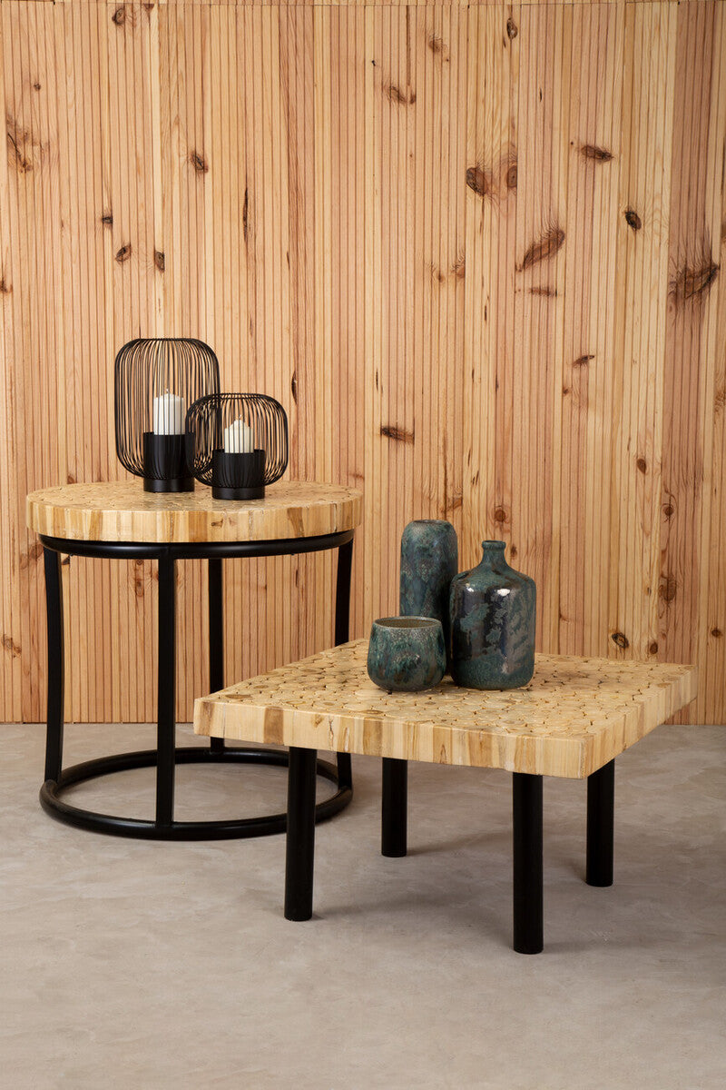 Teak Wood Mosaic Round Top Coffee Table with Black Iron Frame | Malang