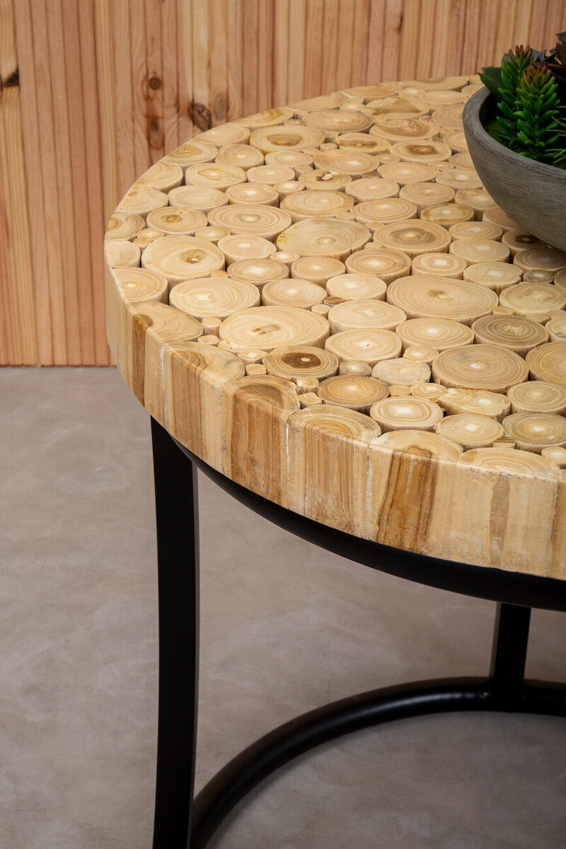 Teak Wood Mosaic Round Top Coffee Table with Black Iron Frame | Malang