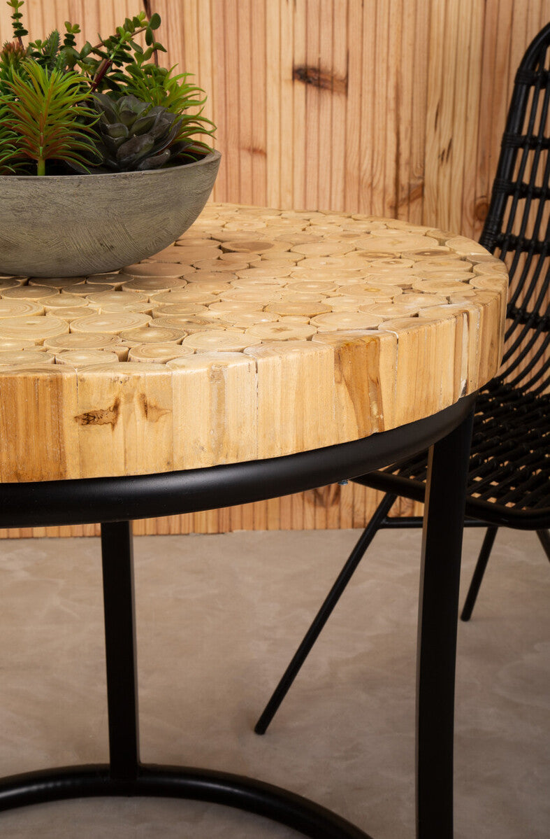 Teak Wood Mosaic Round Top Coffee Table with Black Iron Frame | Malang