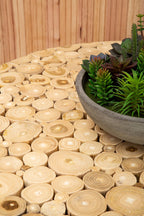 Teak Wood Mosaic Round Top Coffee Table with Black Iron Frame | Malang