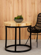 Teak Wood Mosaic Round Top Coffee Table with Black Iron Frame | Malang
