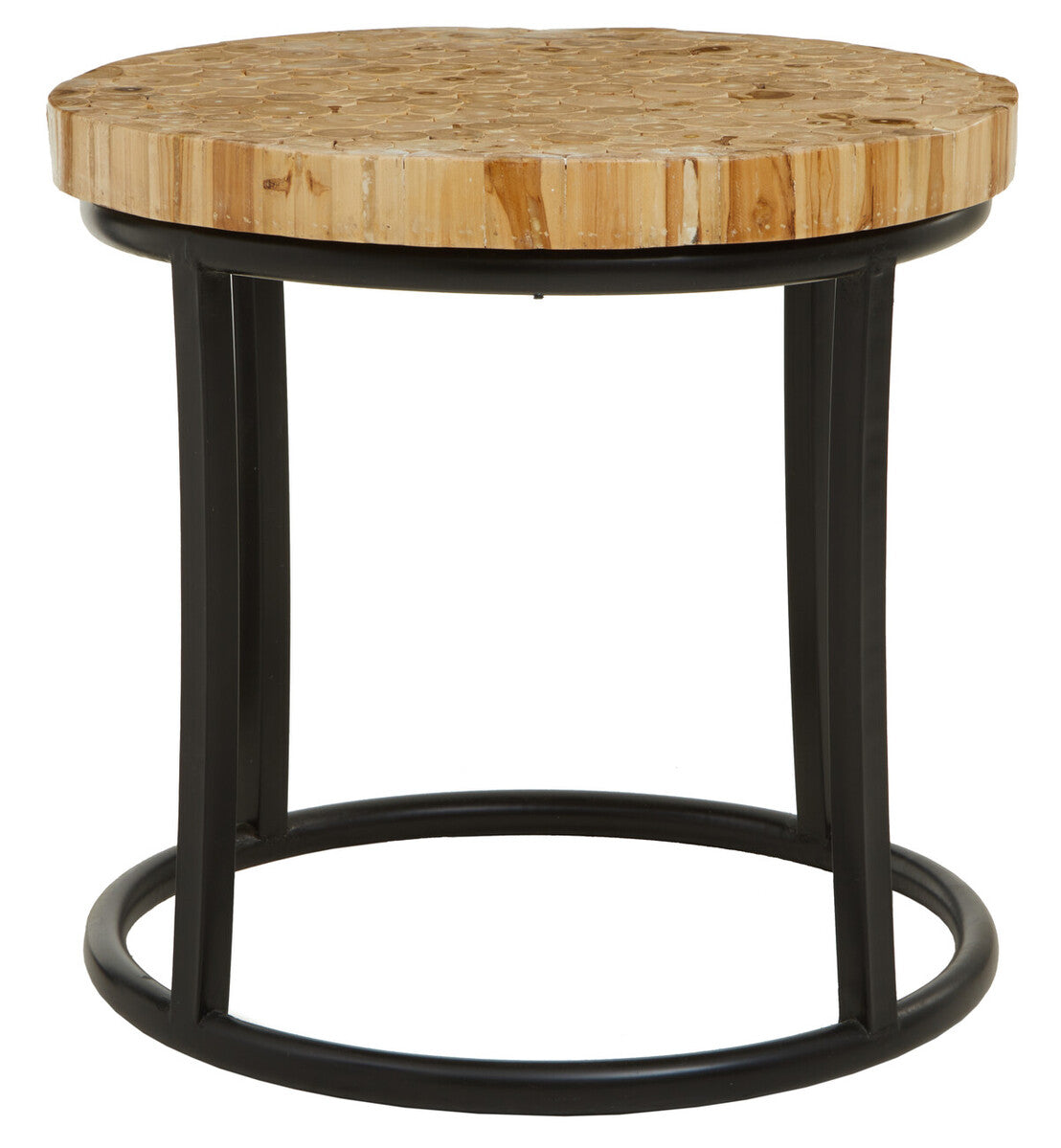 Teak Wood Mosaic Round Top Coffee Table with Black Iron Frame | Malang