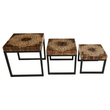 Set of 3 Rustic Teakwood Top Nesting Tables with Black Metallic Bases, Malang