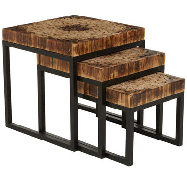 Set of 3 Rustic Teakwood Top Nesting Tables with Black Metallic Bases, Malang