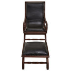 Genuine Black Leather and Teak Lounge Chair with Footstool | Inca